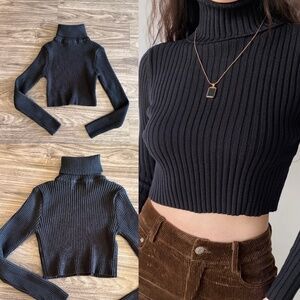 Tic Tok Womens Winter Cropped black turtleneck Ribbed Long Sleeve